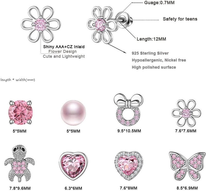 TOP BRIGHT 8 Pairs Hypoallergenic Earrings 925 Sterling Silver Stud Earrings Heart CZ Tiny Butterfly For Kids, Toddlers, Little Girls, Teens, Women - Image 4